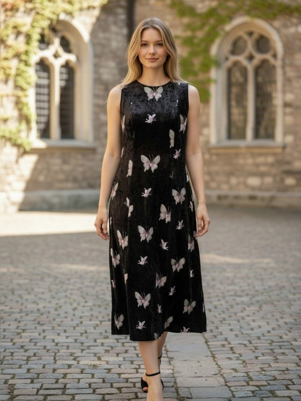 Luella Women's Black Crushed Velvet Embroidered Butterfly Midi Dress Small